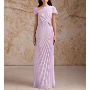 Factory Wholesale Violet Sun Pleated Dress Women Socialite Slim Satin Long Dress with Metal Decoration High Waist Party Female