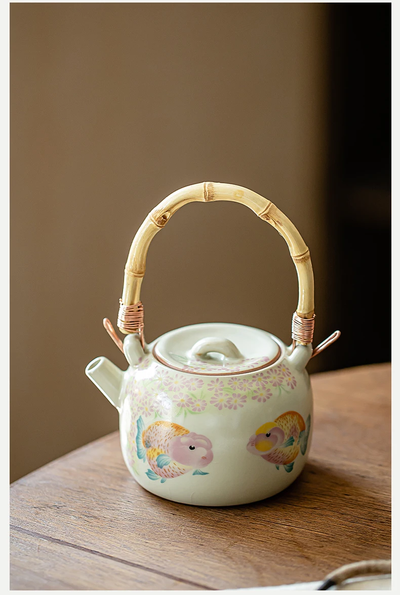 Goldfish Large Capacity Ceramic Teapot Bamboo Joint Beam Pot Beige Ru Kiln Household Tea Cups Saucers Open Piece Filter Pot