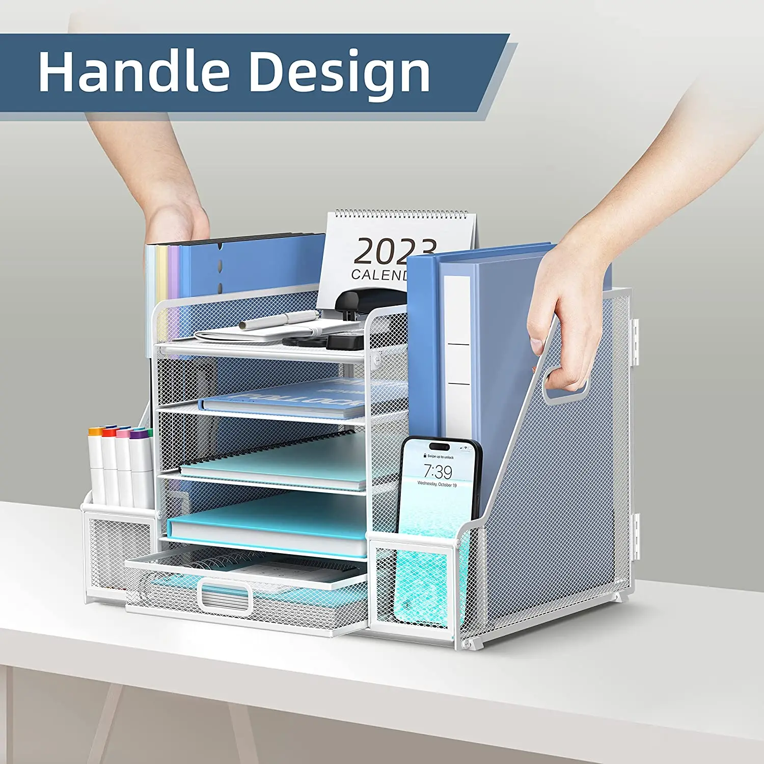 White Metal Mesh Desk Organizer With File Holder 5tier Paper Letter