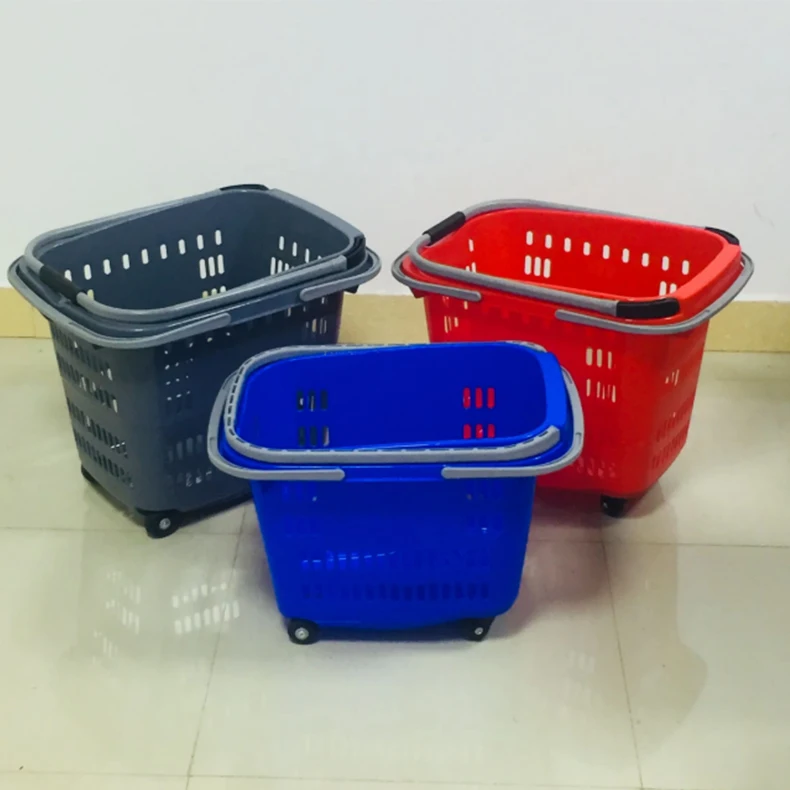 Supermarket 50L Rolling Trolley with Plastic Handle 4 Wheels Shopping Basket Plastic Basket Supermarket Shopping Basket factory