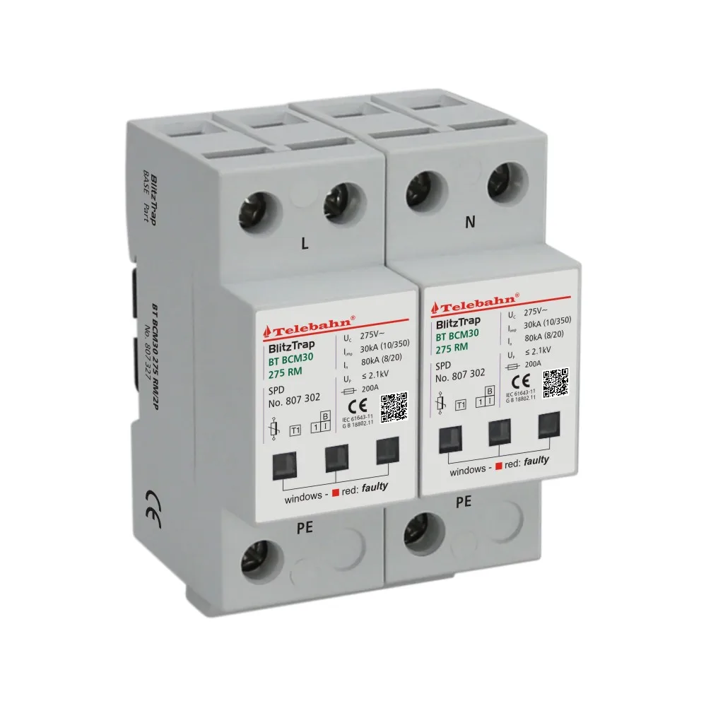Power Supply Surge Protector 30kA 60kA 80kA 160kA for TN ( 2+0 circuit) System Single-phase 275V AC 2P SPD T1+T2