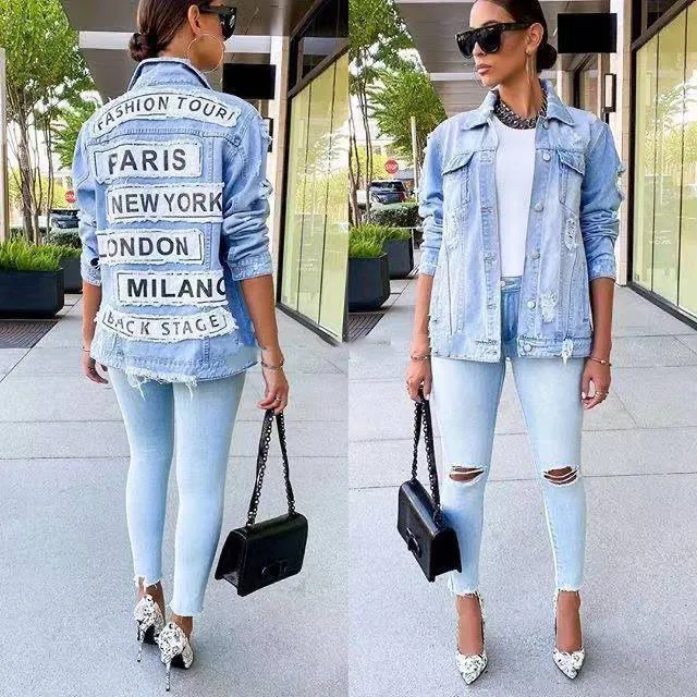 Wholesale 2023 Hot Sale Fashion Letter Patchwork Jeans Jacket Women Long  Sleeve Denim Coats Streetwear From m.