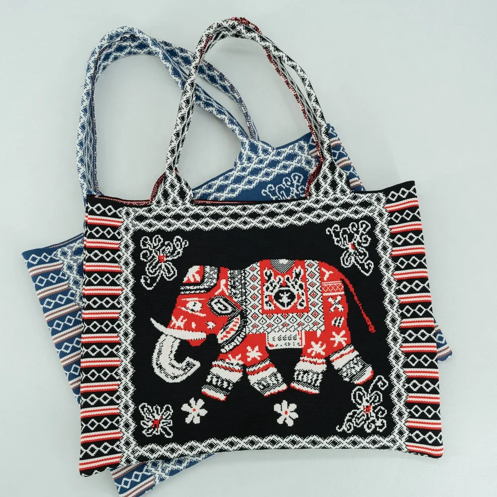 Southeast Asian National Style Elephant Pattern Womens  Knitted Tote Handbag