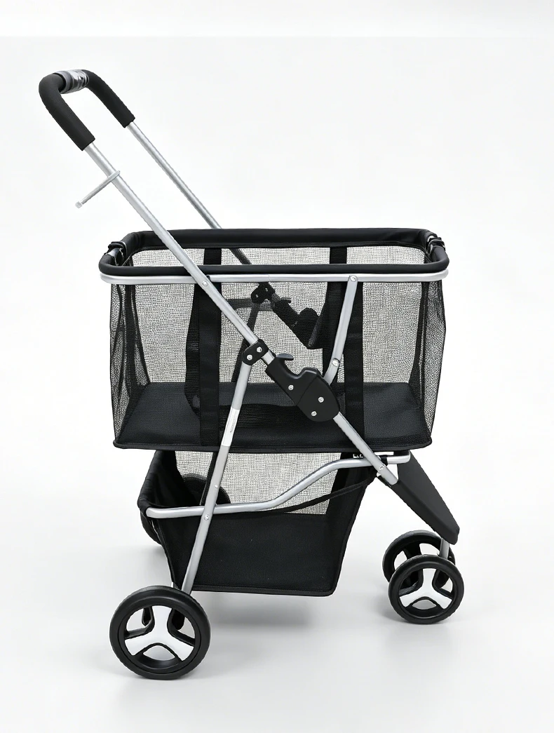 product new 3 wheel double layer pet stroller one click fold detachable hand pull cart multifunctional outdoor shopping grocery basket-7