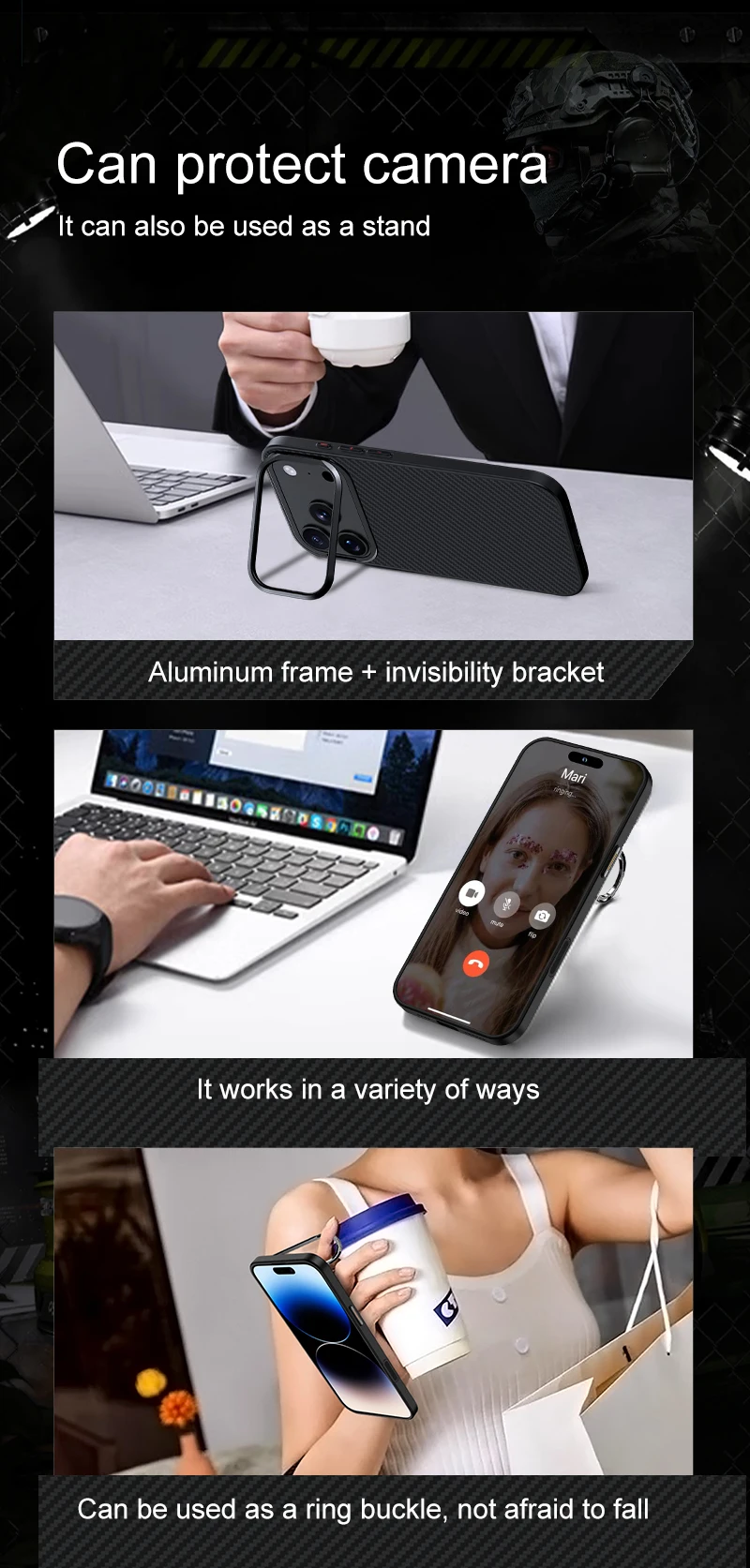product laudtec camera frame holder phone case aramid fiber for iphone air 17 16 pro max strong magnetic simple black customized sjk1099-7