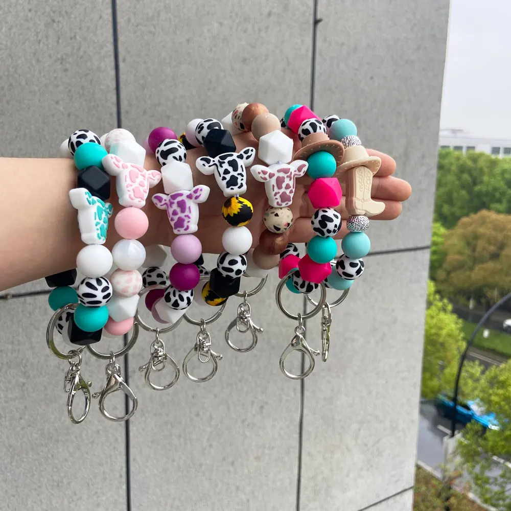 Western Cowboy Hat Cow Head Silicone Beads Wristlet KeyChains Bracelet ...