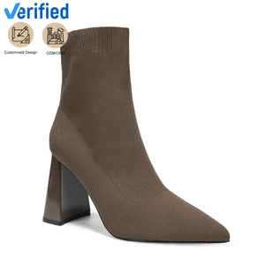 Women's Chic Brown Solid Pattern Block Heel Boots Slip-On Ankle-High Pointed-Toe Design Height Increasing Comfortable for Winter