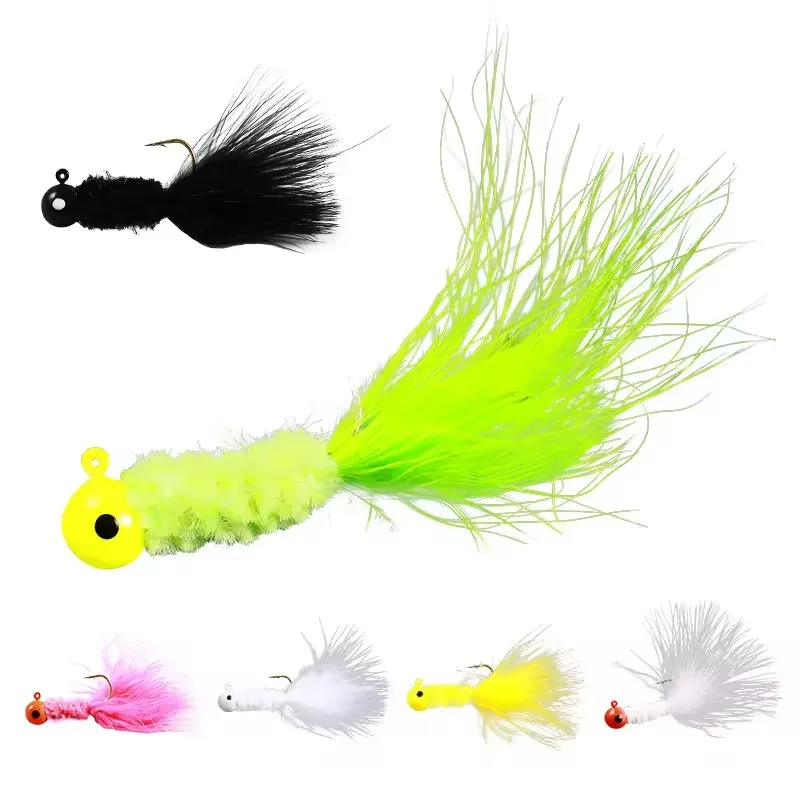 1/32OZ,1/16OZ,1/8OZ Peche Mouche Marabou Crappie Jig Heads Fishing Hook With Feather Trout Bass Fly Fishing Hair Jig Hooks