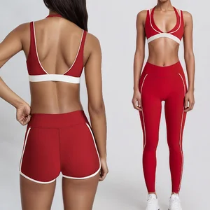 Roregal Wholesale Fitness 2 Piece Women Gym Color Blocking V-Neck Bra Yoga Sport Bra and Legging Set