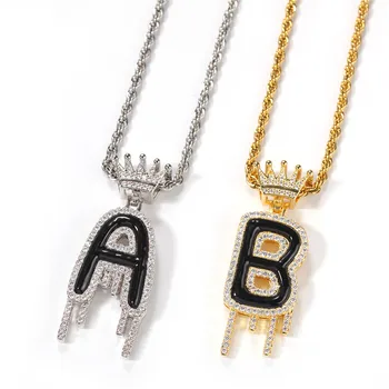 Newest Custom Black Crown Drop Letter Necklace Hiphop Diamond Personalized Drop Shape Initial Letter Pendant