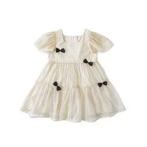 Wholesale Baby Girl Fancy Dresses With Bow Square Collar Puff Sleeve Kids Dresses for Girls