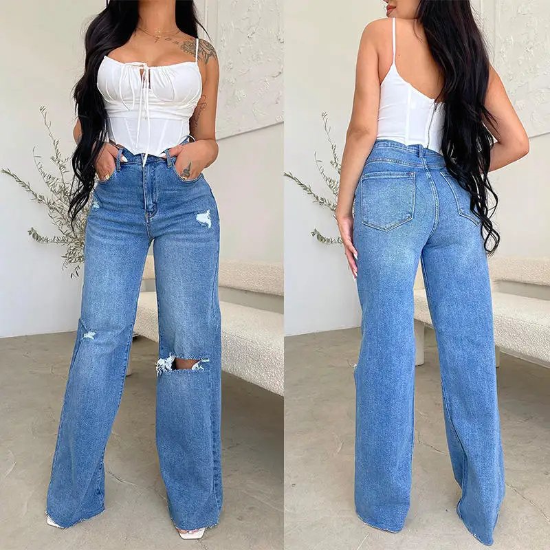 Manufacturer's Direct Selling Top Products 2024 Fashionable Comfortable Versatile Ripped Jeans Women High Waist Wide Leg Pants