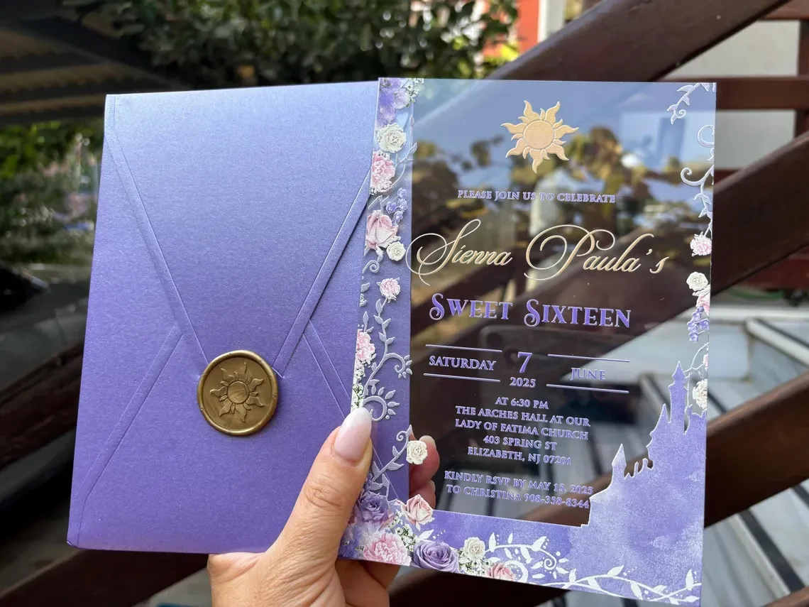 Tangled Themed Printed Purple Envelope Customizable Acrylic Birthday  Invitation, Sweet 16 Invitation Quinceanera with Wax Seal, image size:1140x855