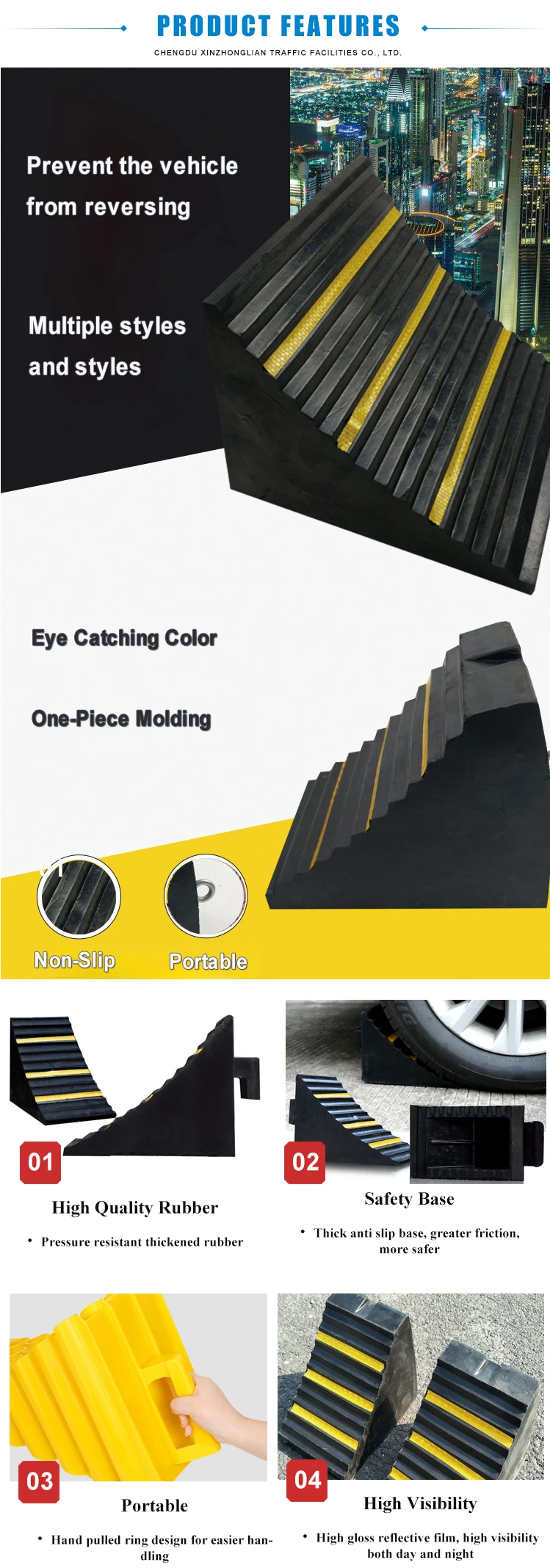 product xzl heavy duty parking rubber chock with reflector 245250180mm size truck car trailer motorcycle hollow wedge-3