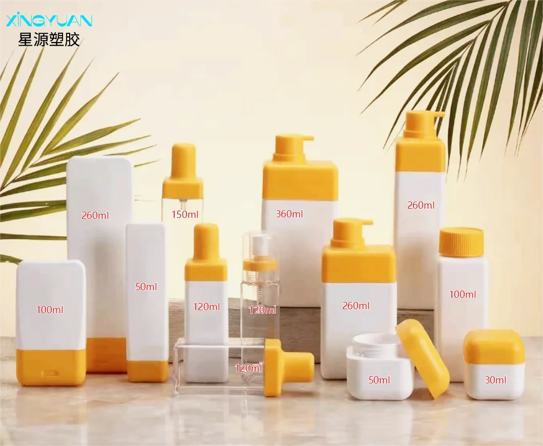 HDPE Custom Skin Care Kit Packaging Recycled Rectangle Flat Plastic 300ml Shampoo Bottles Cosmetics Bottles and Jars Set