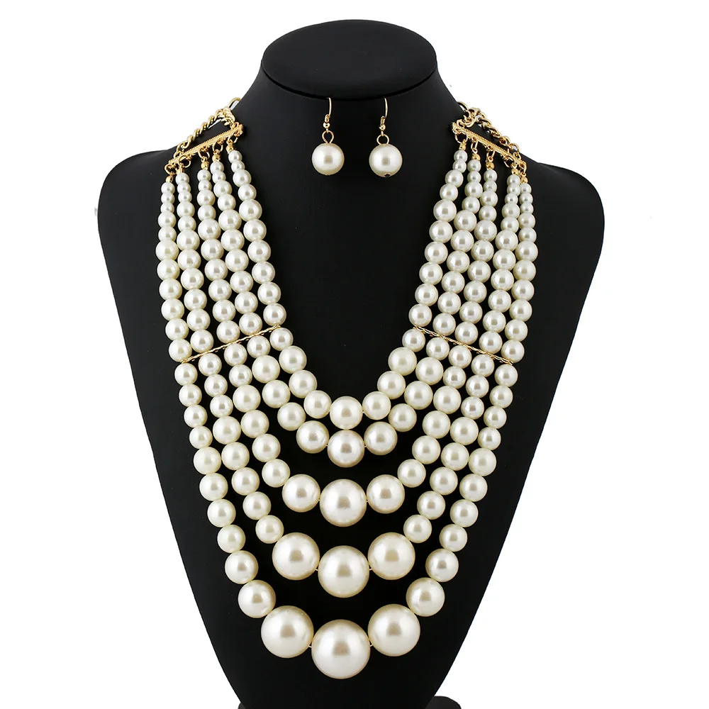 Multi Strand Beaded Choker Necklace Trendy Women Pearl White Statement Necklace 