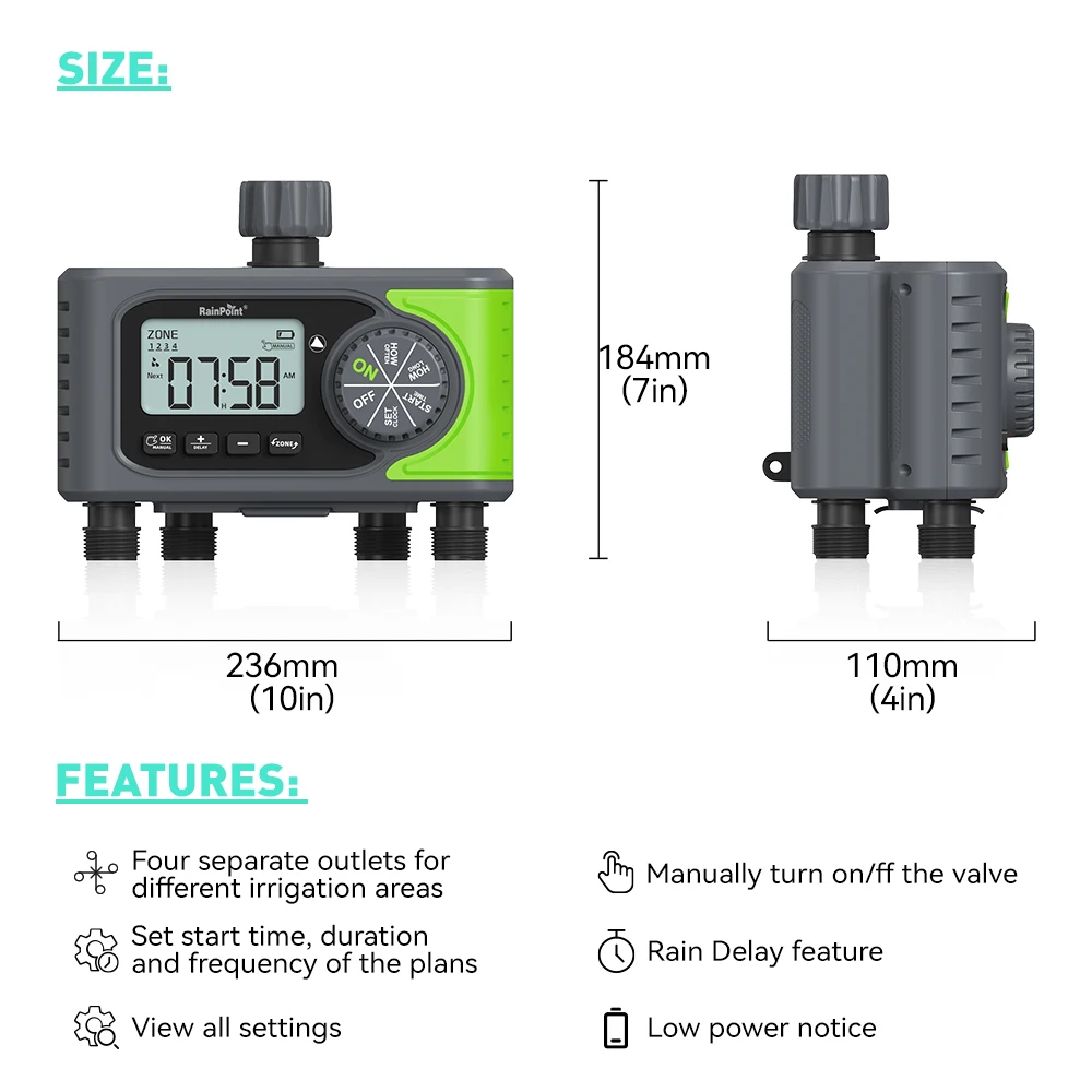 4 Zones Sprinkler Timer Programmable Water Timer 4 Outlet Water Timer for Garden Wateringr with Rain Delay Manual Watering