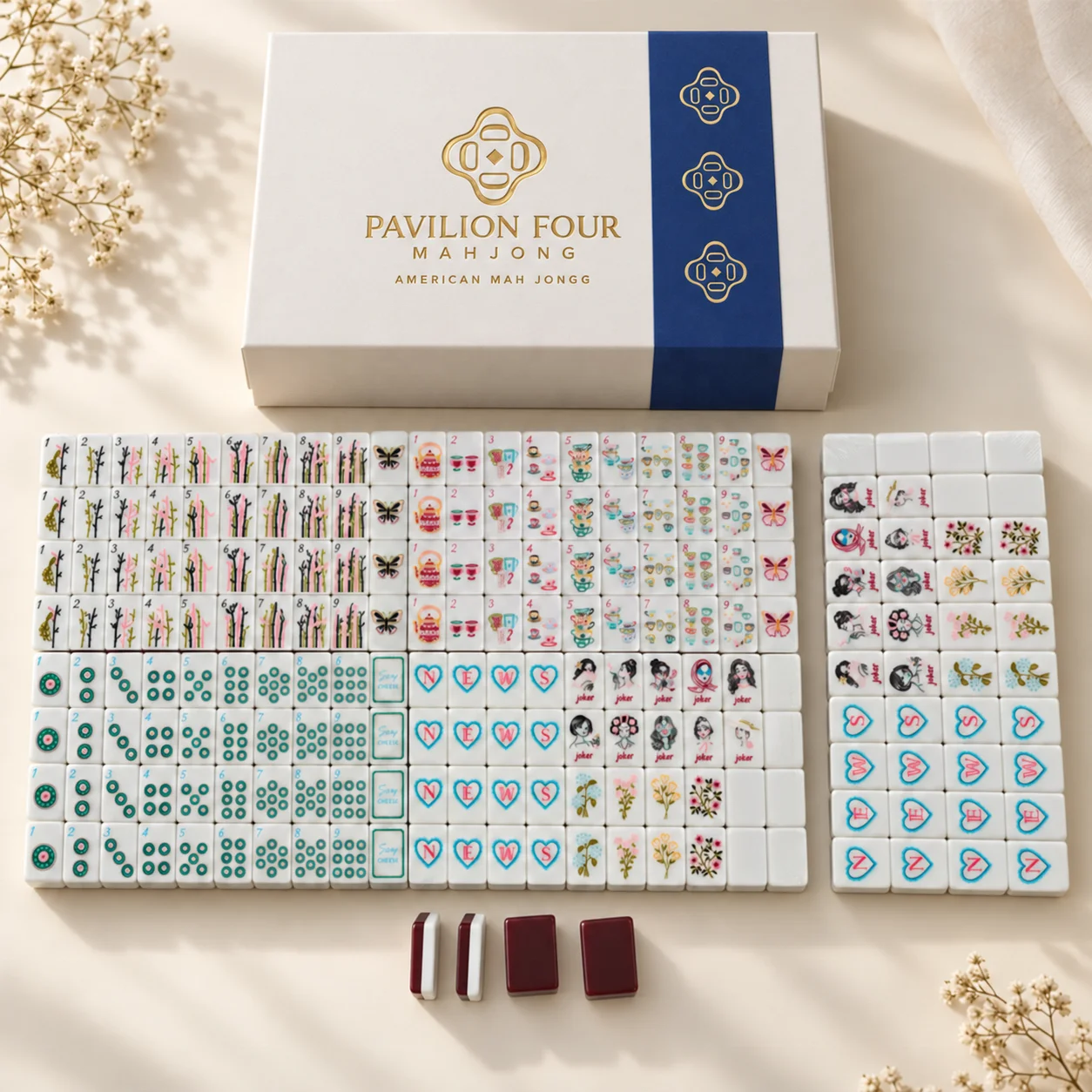 Custom Nautical American Mahjong Tiles, Green Marbled Blocks Printed Seashell & Dolphin Pattern Personalized Mahjong Game