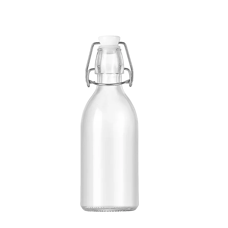 Transparent 750ml Glass Bottle with White Square Buckle for Packaging Homemade Wine Fruit Wine Juice Enzyme round Empty Design