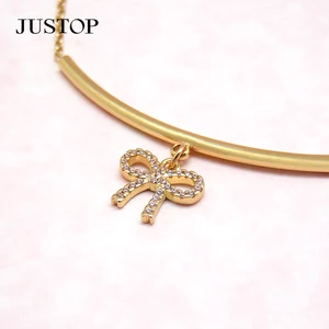 18K Gold Plated Brass Bow Tie Pendant Necklace for Women Square Tube Zircon Pave Link Chain