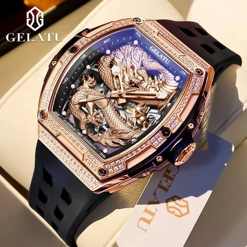 Gelatu 6021 Men's Creative Tonneau 3D Dragon Watch