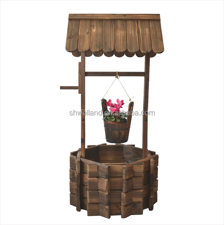 Wooden Wishing Well Planter with Small Hanging Barrel