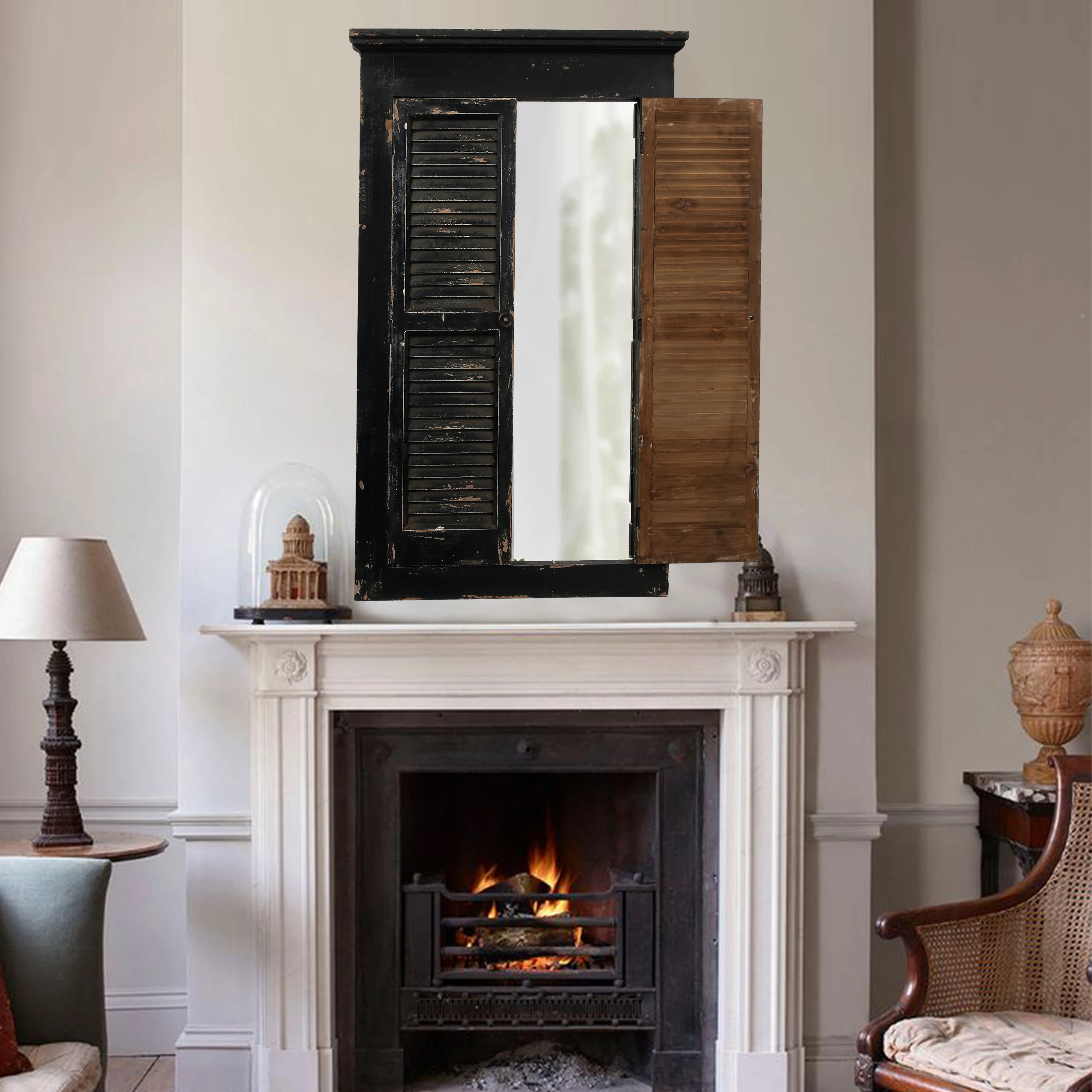 Farmhouse Handmade Custom Shutter Mirrors Espejo Shabby Chic Decorative Rustic Black Shutter Wood Wall Mirror With French Doors