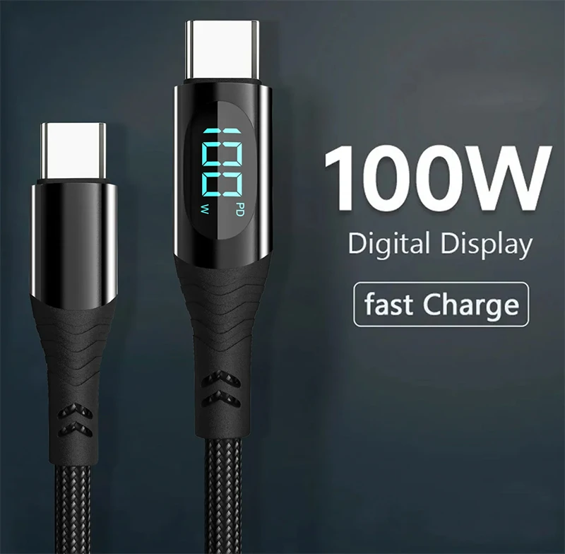 PD 100W 66W Nylon Braided USB-Type C LED Display Charger Data Cable 5A Fast Charging PVC Jacket USB C Phone Fast Charging Cable