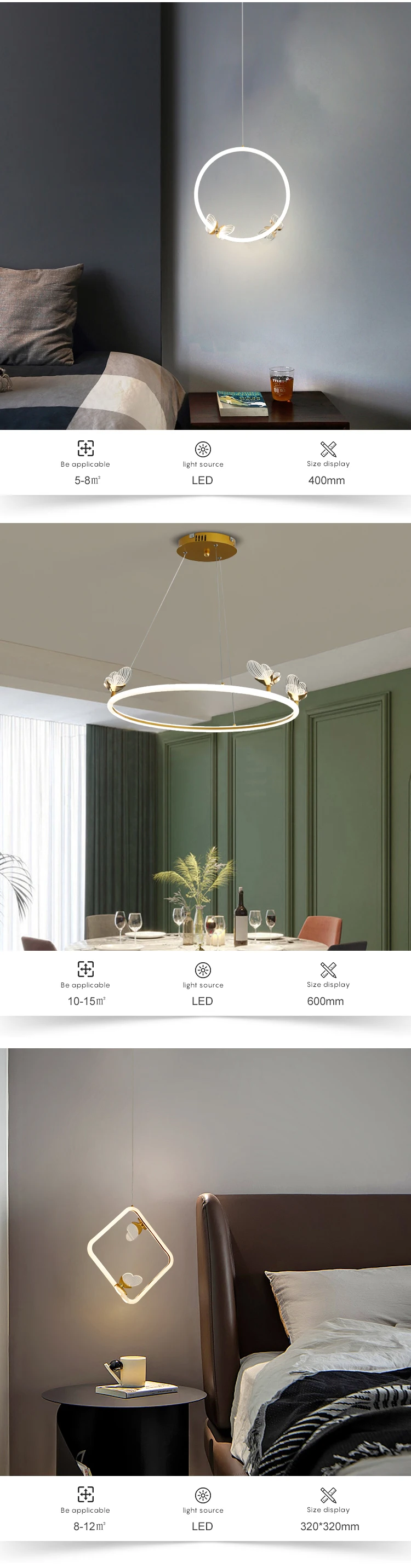 Simple Hanging Decoration Indoor Bedroom Black Gold White Iron Acrylic Modern LED Chandelier Light