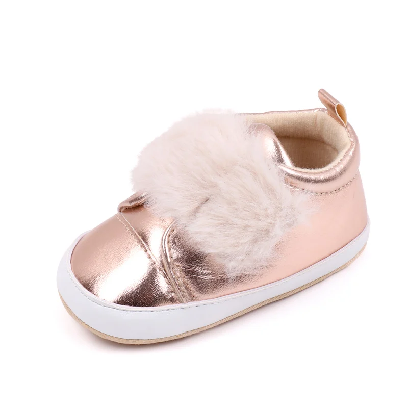 Bright PU Leather Plush Hook and Loop Solid Color Baby Girls Cute Soft Soled Toddler Shoes supplier