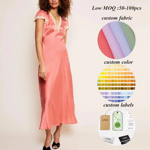Manufacturer Wholesale 2026 New Style Solid Color Satin Dresses Custom Lace v Neck Women Short Sleeve Elegant Satin Midi Dress