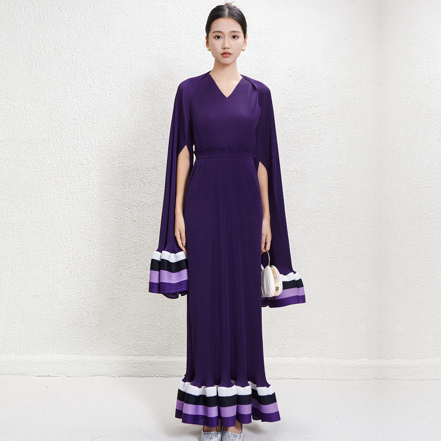Miyake High-end Designer Dress Two-piece Party Evening Dress Women's  Elegant Striped Pattern Elastic Pleated Long Dresses