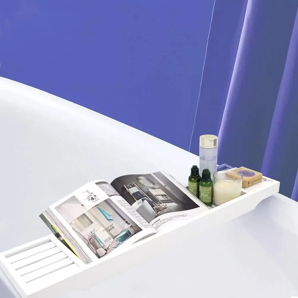 product white bamboo bathtub storage box tray bathroom sets with bathtub tablet stand modern rack for bath accessories-8