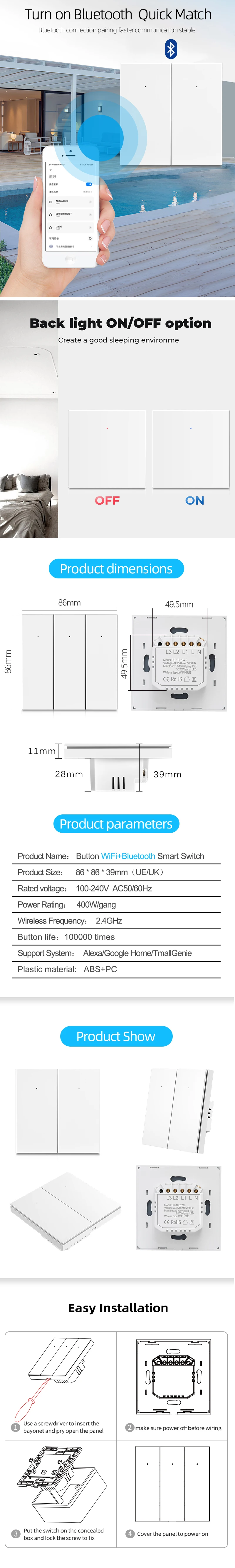 Tuya Smart button  Switch 1 2 3 Gang Without Neutral EU UK Wall Light Switch support Alexa Google Home