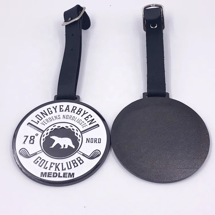 Custom Luggage Round Metal Brand Leather Buckle Black Golf Tag Bag Name Tags supplier