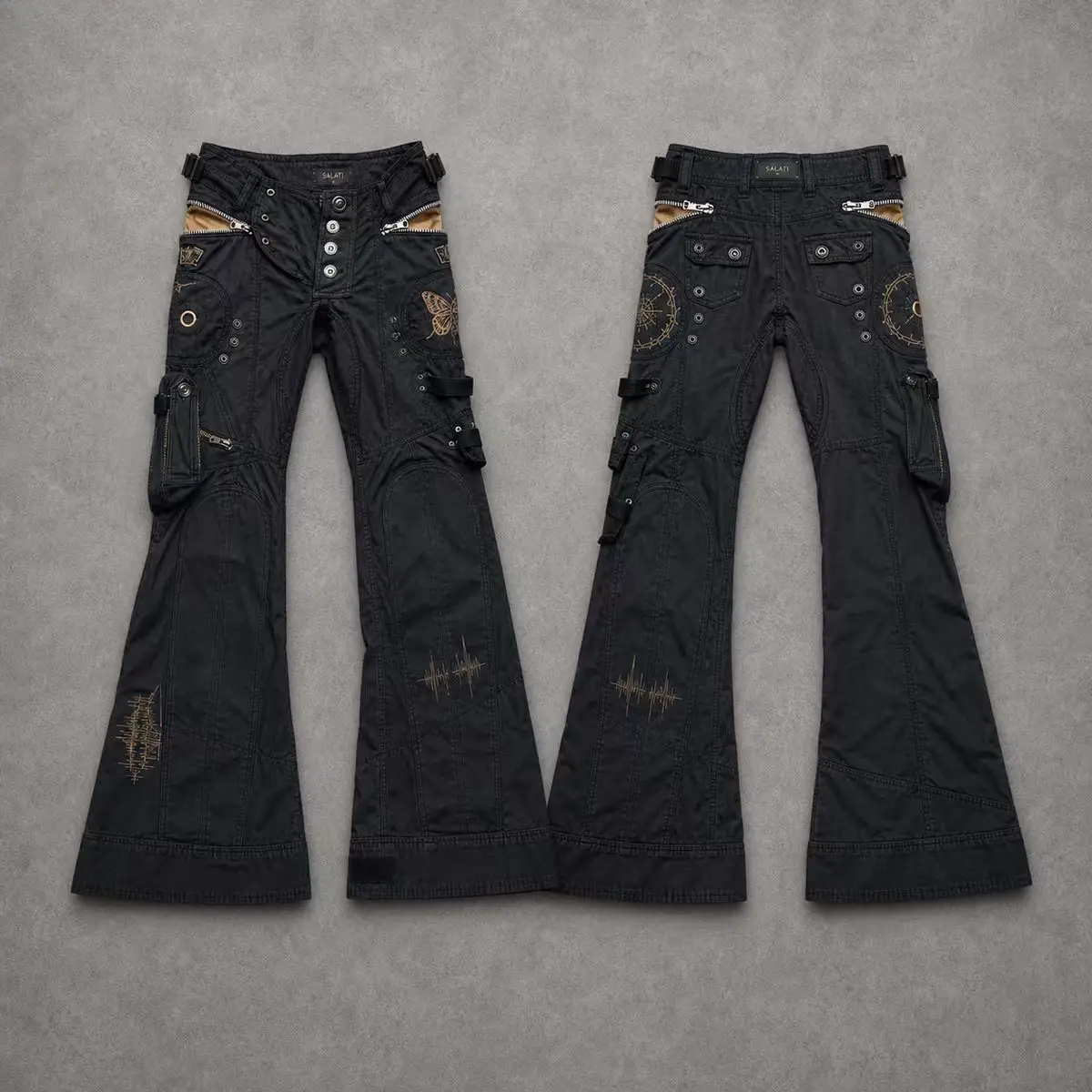 OEM Custom Mens Cargo Pants Gothic Utility Pocket Metal Eyelet Bootcut Black Zipper Streetwear Y2K Fashion Men Cargo Pants