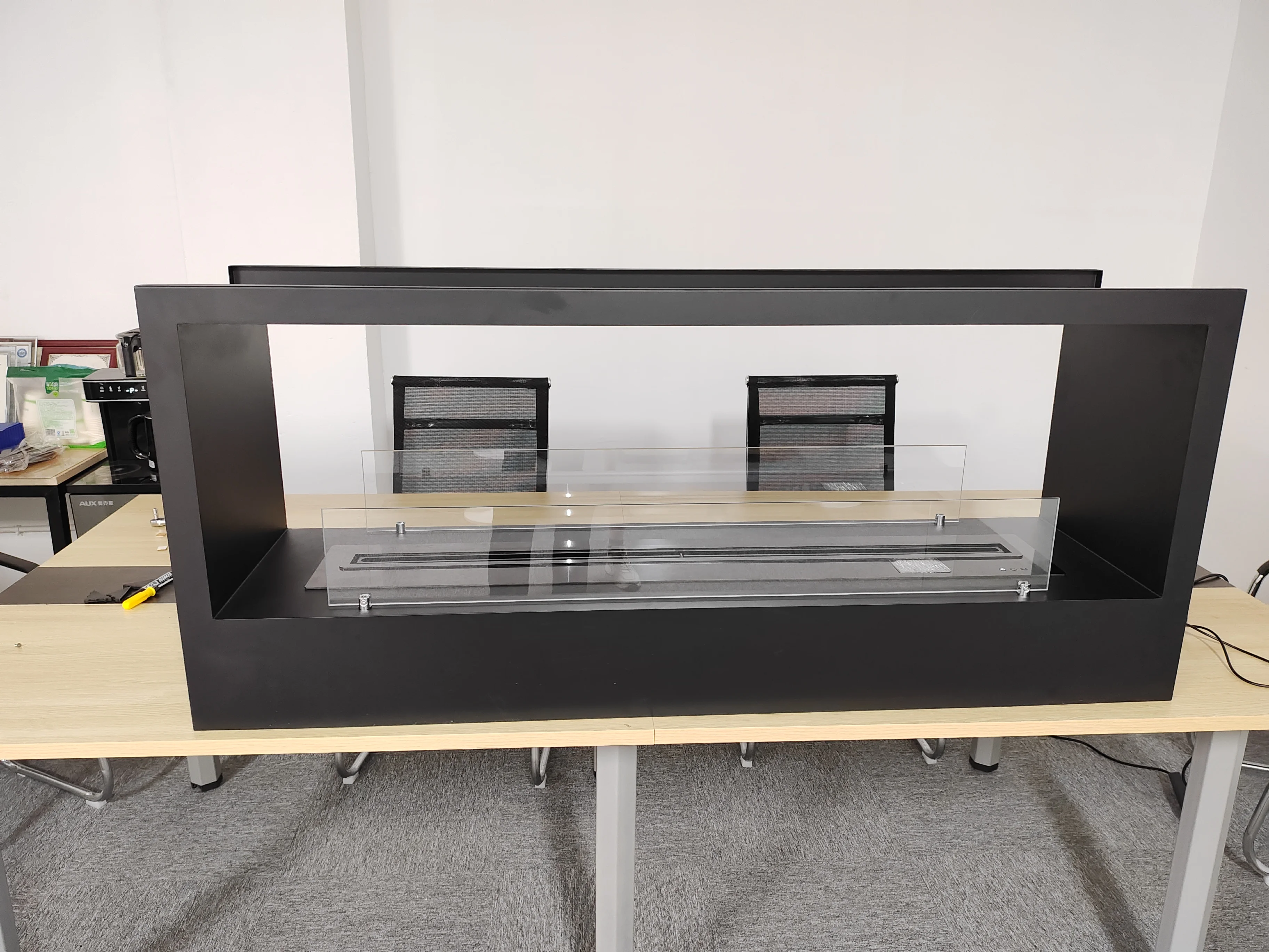 Customized Modern Design 1200mm C-Type Ethanol Fireplace Smart Remote Control Three Sides Opening Insert for Hotels Made Steel