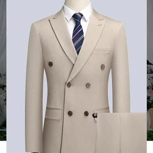 Men's High Quality Anti-Wrinkle Double-Breasted Business Suit V-Neck Lapel Collar Plus Size XL-Deliverable Hip Pants Breathable