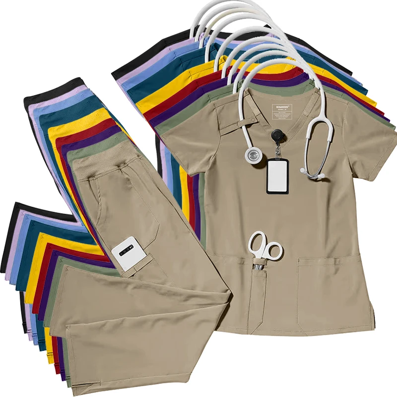 High Quality Fashion Medical Uniform Scrub Sets V Neck Surgical Hospital Uniforms Sets Beauty Salon Straight Pants Scrubs Suits
