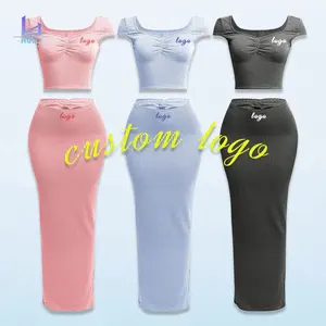 Huili Manufacturer Custom Logo Print Summer Short Sleeve Y2K T Shirt Cotton Ribbed Crop Top Skirt Sets Women 2 Piece Outfits