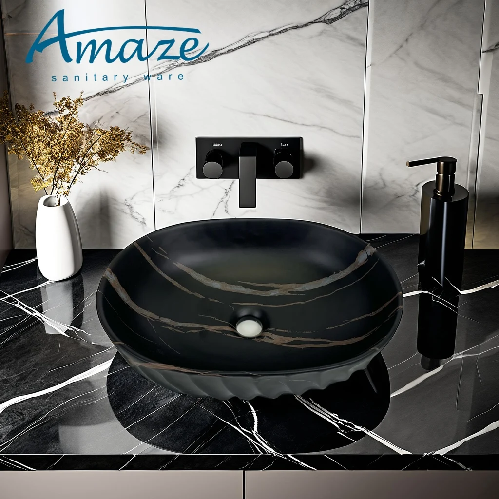 Oval modern ceramic black marble design art basin bathroom wash basin hotel countertop sink