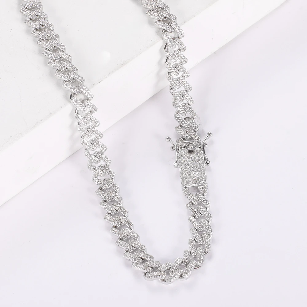 China Wholesale Zircon Cuban Chain Necklace for Men 925 Sterling Silver Necklace 925 Silver Baguette Mens Gold Plated Necklace