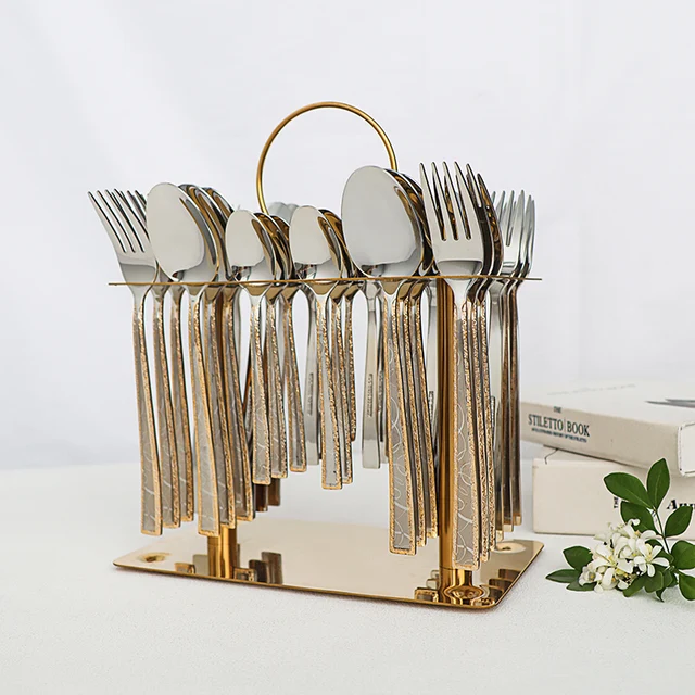 factory 32pcs/36pcs gold plated laser pattern spoon fork SS 18/10 middle east gold flatware set with stand in  color box