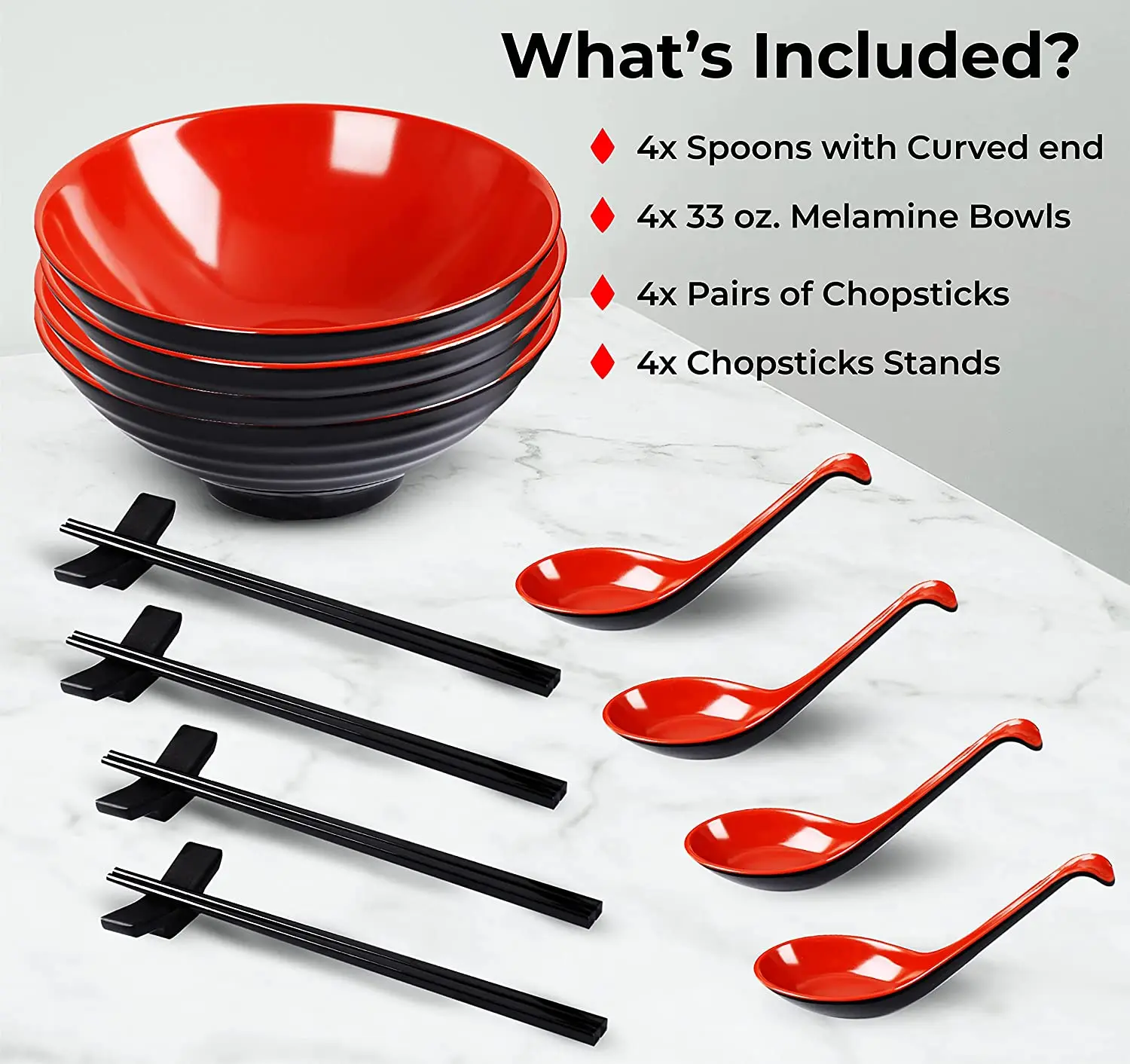 Kitchen 16 PC Restaurant Quality 33oz. Large Melamine Ramen Bowls and Spoons Set Complete Dinnerware Set
