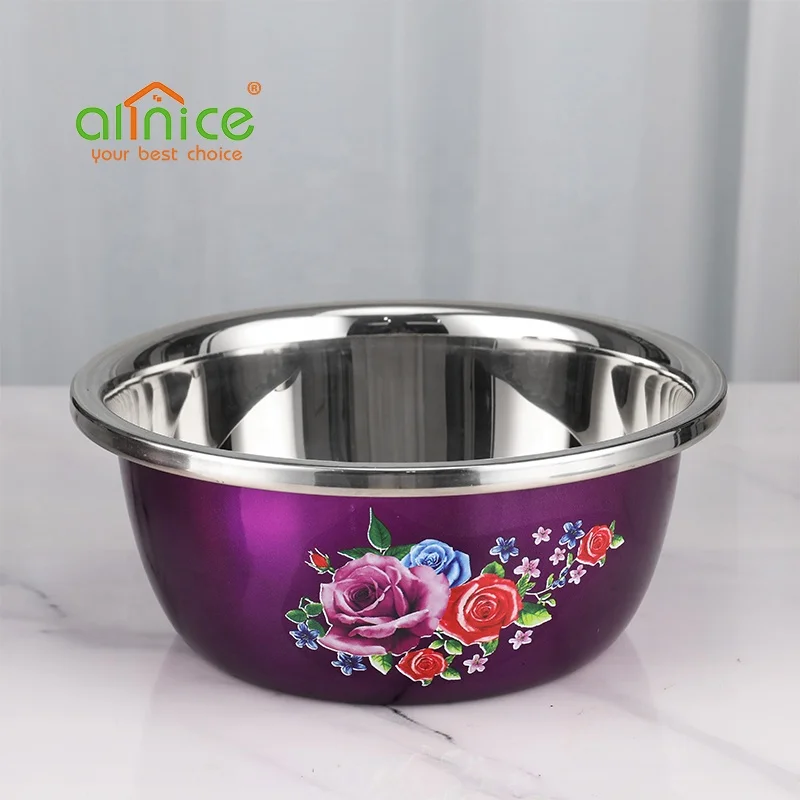 Restaurant Printing Flower Pattern Home Used Round Seasoning Basin Stainless Steel Mixing Bowl for Sale