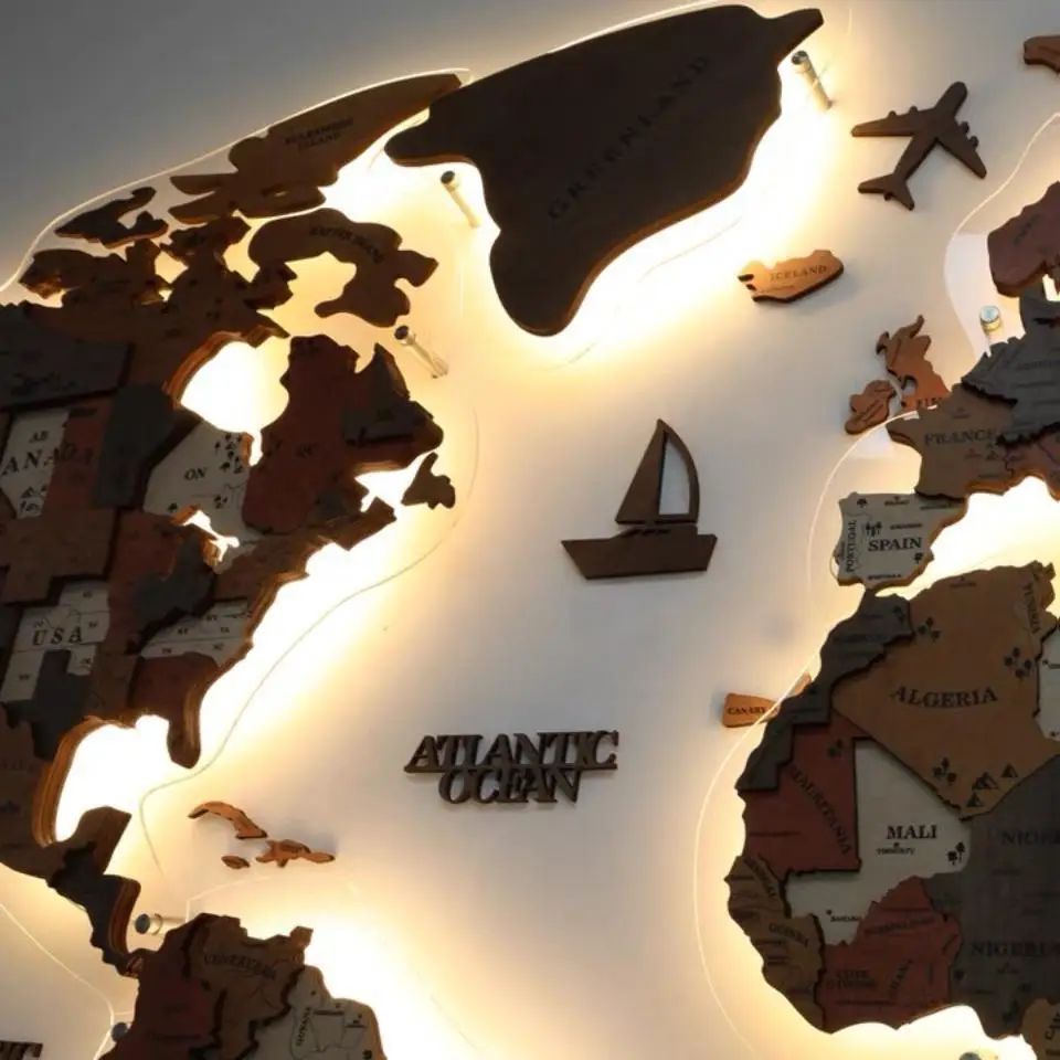 Hot Selling Brown Color Wood Map Home Art Layered Led Wall 3d Wood