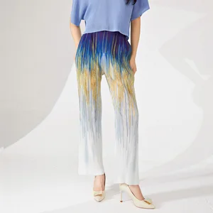 Women's Summer Pleated Pants Fashion Casual Style Sustainable and Loose Elastic Print Gradient Straight Ankle-Length Pants