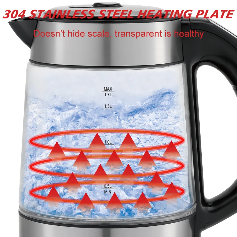 1.7l Transparent Glass Discoloration Electric Stainless Steel Lid Water