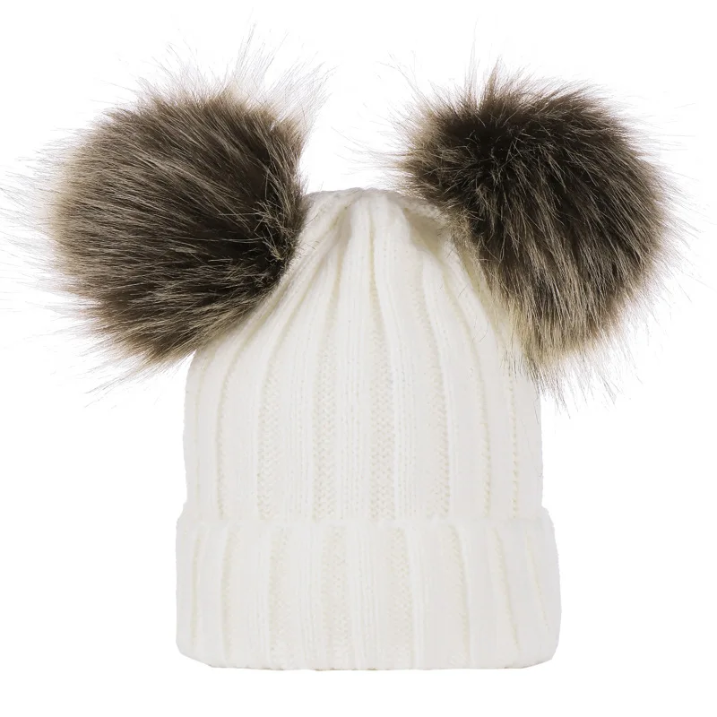 Winter Hat Women Warm Knitted Hat Double Fake fox fur ball Beanie Ski Ball Cap 
