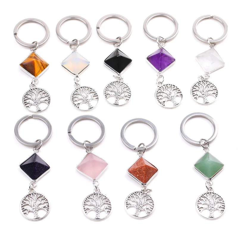 Amethyst Crystal Pyramid Life Tree Pendant Detachable Keychain White Crystal Opal Tiger Eye Stone Pyramid Key Rings Accessories